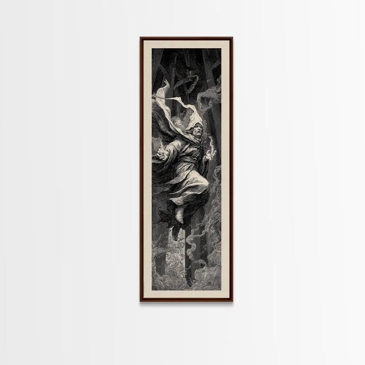 The Lantern Mage, Gothic Engraving Art, Tall Narrow Wall Art, Macabre Wall Art, Framed Canvas Print, Halloween Wall Art