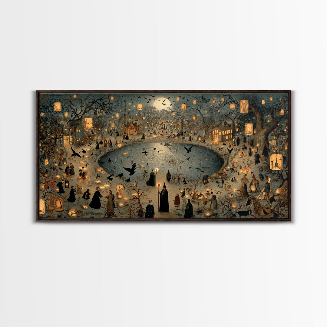 The Lantern Mage, Northern Renaissance Horror, Wide Panoramic Art, Dark Halloween Decor, Canvas Print, Halloween Wall Art
