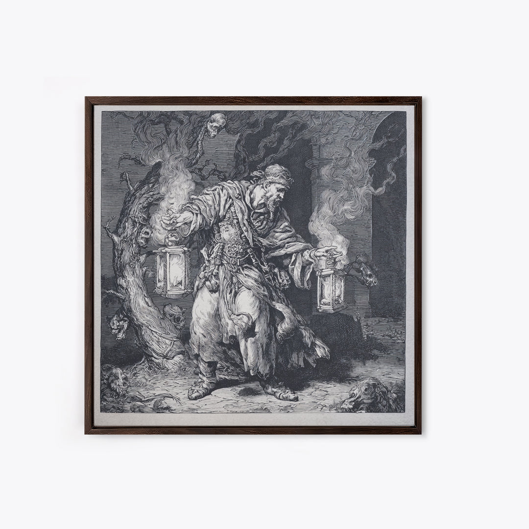 The Lantern Mage, Renaissance Engraving Art, Square Wall Art, Dark Halloween Decor, Canvas Print, Halloween Wall Art