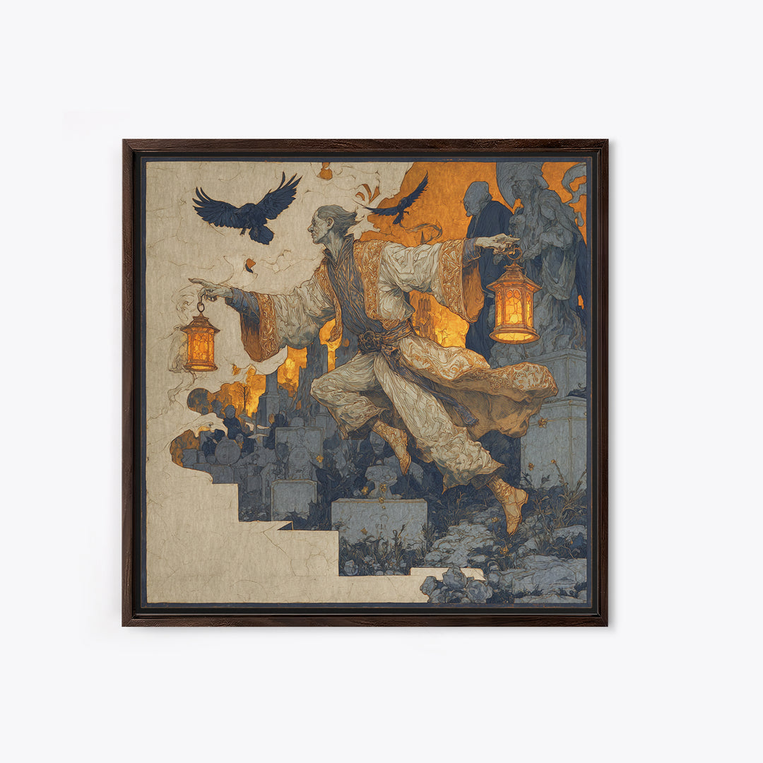 The Lantern Mage, Symbolist Death Art, Square Wall Art, Macabre Wall Art, Framed Canvas Print, Halloween Wall Art, Halloween Decor