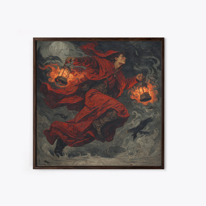 The Lantern Mage, Dark Symbolist Art, Square Wall Art, Dark Halloween Decor, Framed Canvas Print, Halloween Wall Art