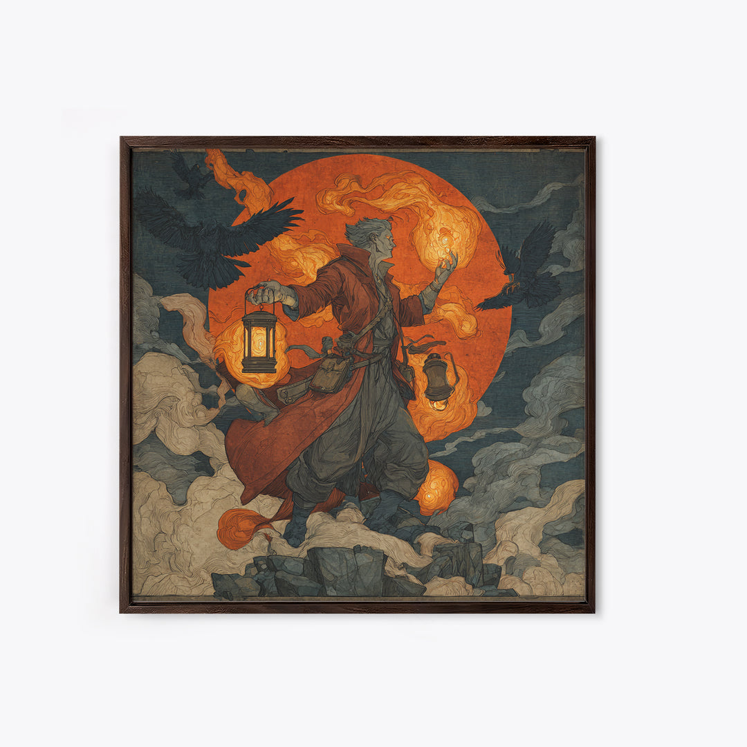 The Lantern Mage, Symbolist Etching Art, Square Wall Art, Gothic Horror Wall Art, Canvas Print, Halloween Wall Art, Gothic Home Decor