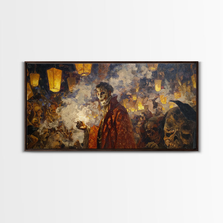The Lantern Mage, Grotesque Carnival Art, Wide Panoramic Art, Dark Halloween Decor, Framed Canvas Print, Halloween Wall Art