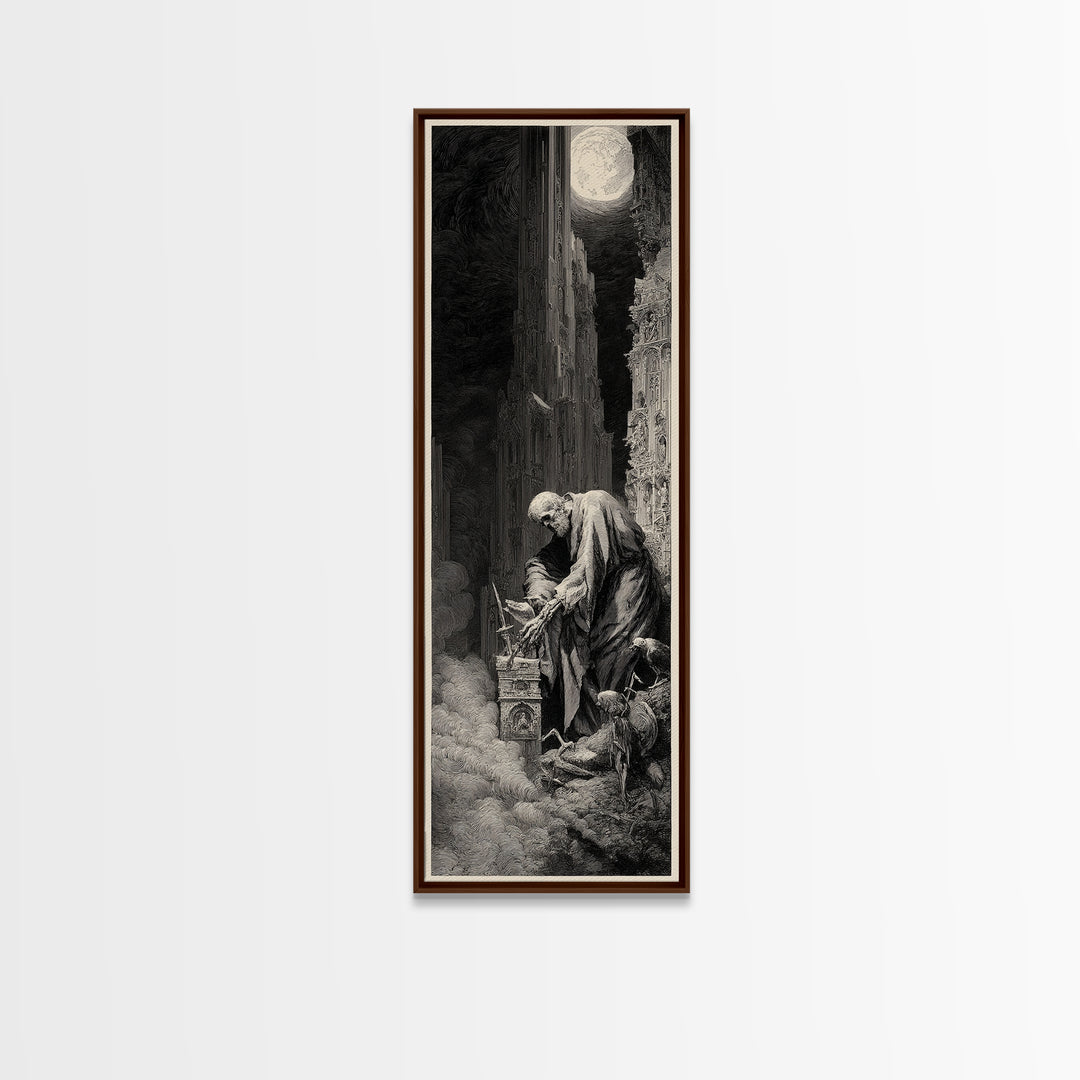 The Bone Sculptor, Gothic Engraving Art, Tall Narrow Wall Art, Dark Fantasy Wall Art, Framed Canvas Print, Halloween Wall Art