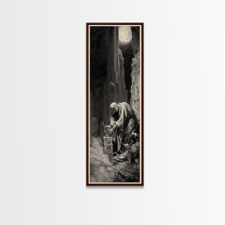 The Bone Sculptor, Gothic Engraving Art, Tall Narrow Wall Art, Dark Fantasy Wall Art, Framed Canvas Print, Halloween Wall Art