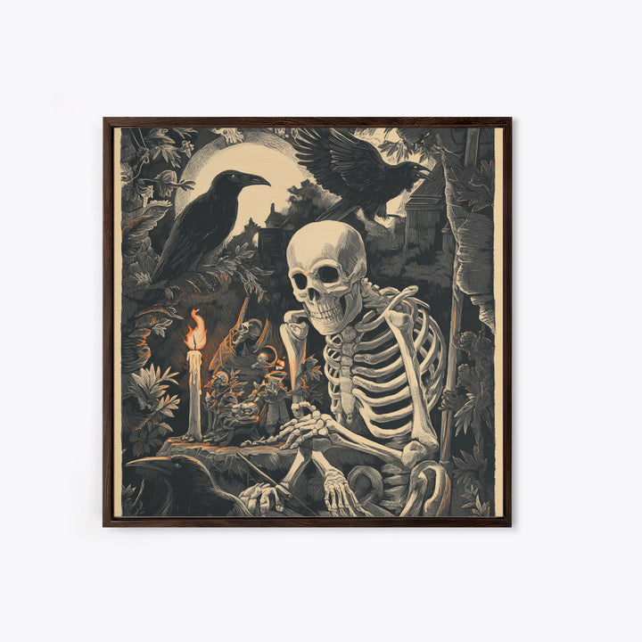 The Bone Sculptor, Macabre Folk Print Art, Square Wall Art, Macabre Wall Art, Framed Canvas Print, Halloween Wall Art