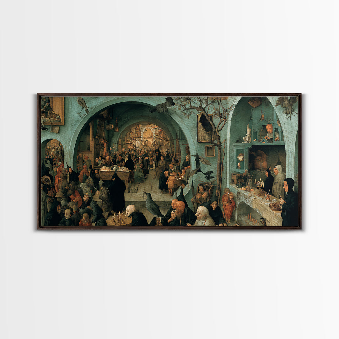 The Dream Eater, Northern Renaissance Horror, Wide Panoramic Art, Dark Halloween Decor, Framed Canvas Print, Halloween Wall Art