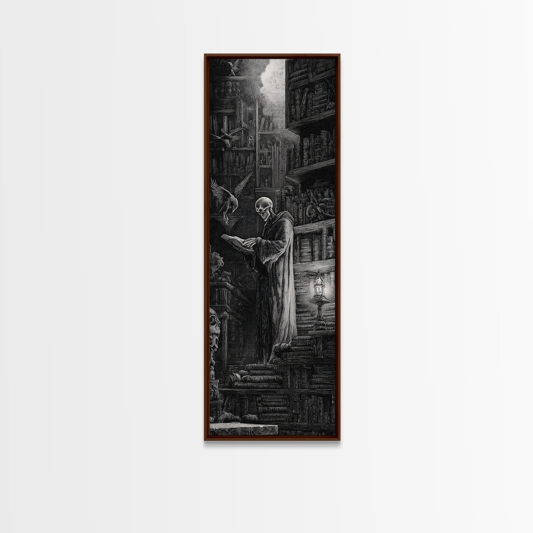 The Crypt Librarian, Gothic Engraving Art, Tall Narrow Wall Art, Gothic Horror Wall Art, Canvas Print, Halloween Wall Art