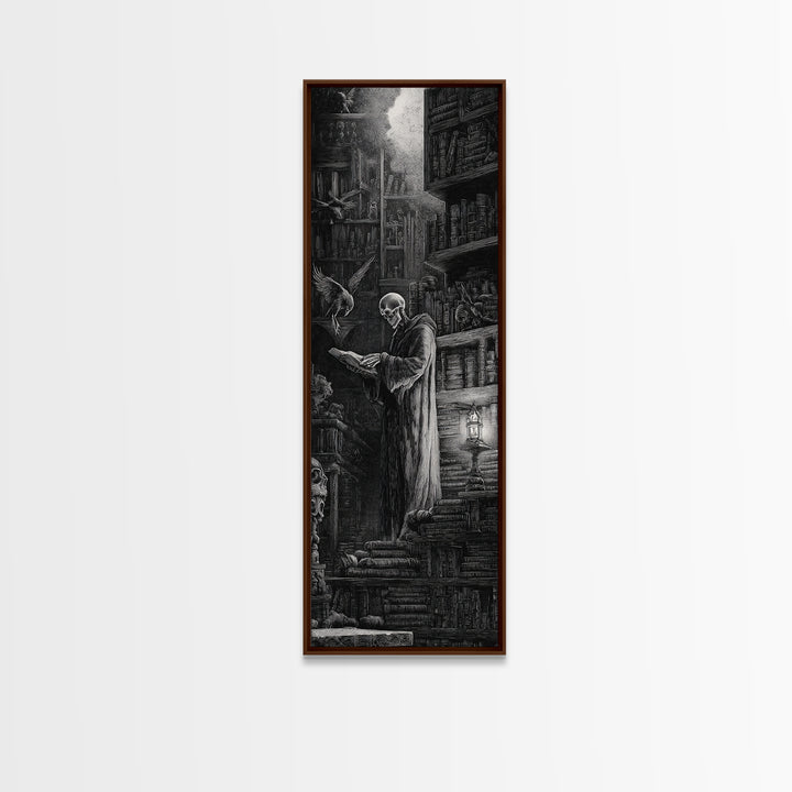The Crypt Librarian, Gothic Engraving Art, Tall Narrow Wall Art, Gothic Horror Wall Art, Canvas Print, Halloween Wall Art