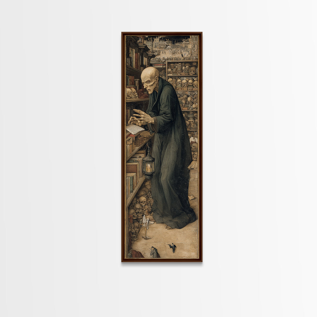 The Crypt Librarian, Northern Renaissance Horror, Tall Narrow Wall Art, Dark Fantasy Wall Art, Canvas Print, Halloween Wall Art