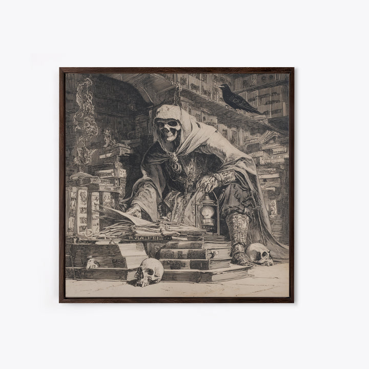 The Crypt Librarian, Renaissance Engraving Art, Square Wall Art, Dark Halloween Decor, Framed Canvas Print, Halloween Wall Art