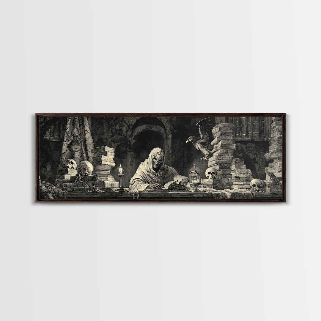The Crypt Librarian, Dark Romantic Horror Art, Extra Wide Wall Art, Macabre Wall Art, Framed Canvas Print, Halloween Wall Art