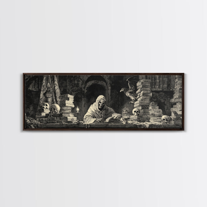 The Crypt Librarian, Dark Romantic Horror Art, Extra Wide Wall Art, Macabre Wall Art, Framed Canvas Print, Halloween Wall Art
