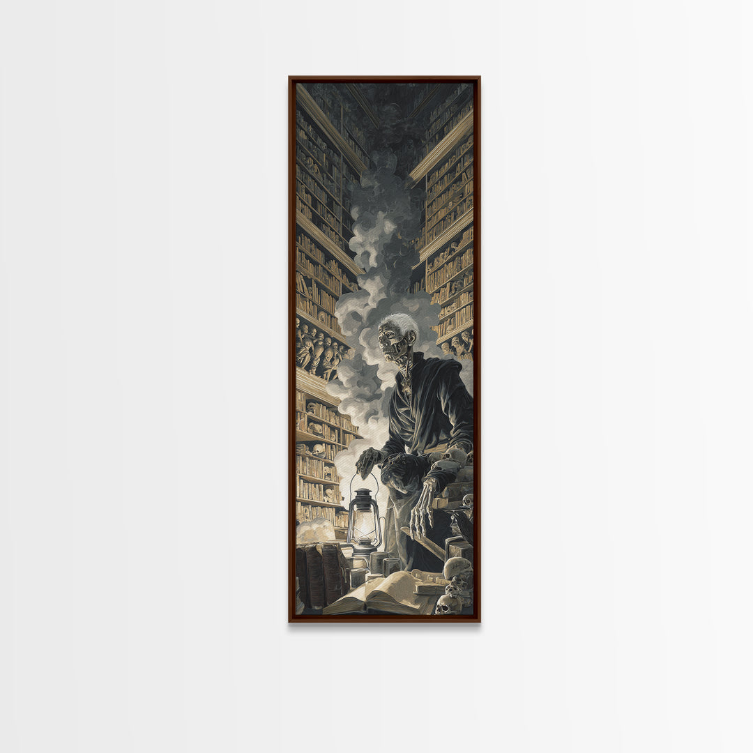 The Crypt Librarian, Architectural Etching Art, Tall Narrow Wall Art, Gothic Horror Wall Art, Framed Canvas Print