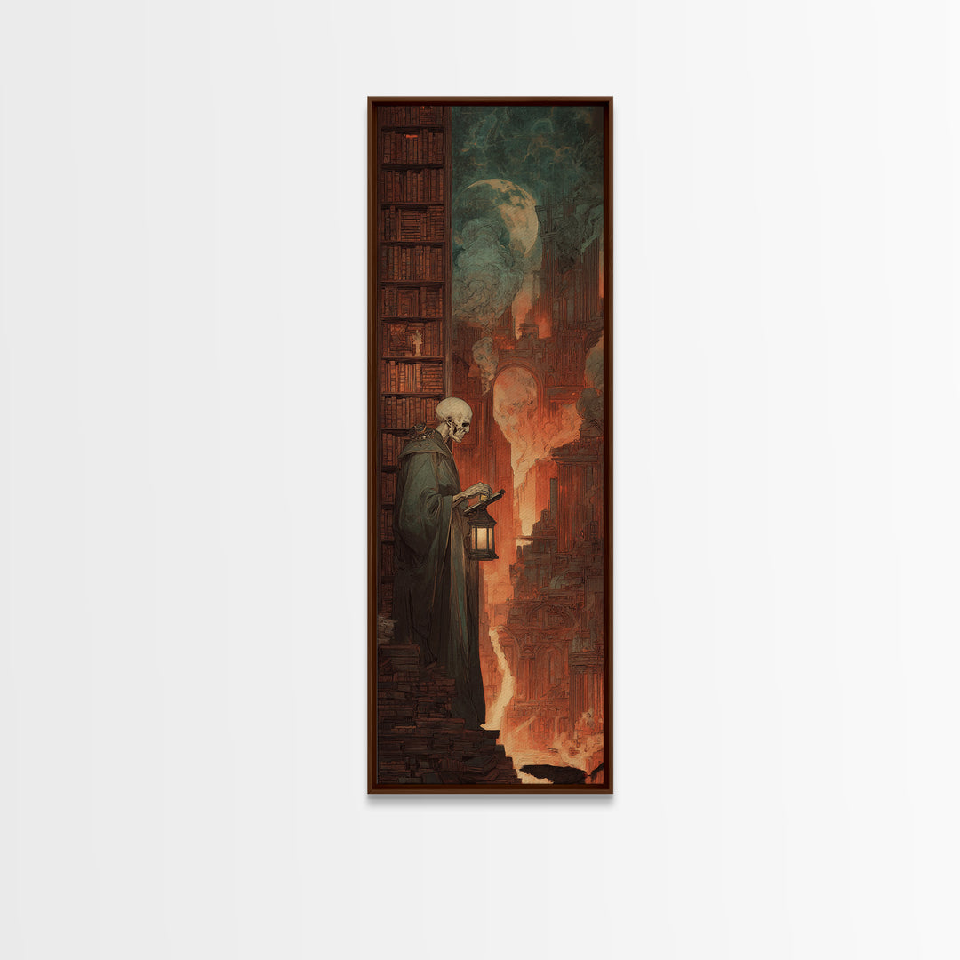 The Crypt Librarian, Apocalyptic Romantic Art, Tall Narrow Wall Art, Dark Fantasy Wall Art, Framed Canvas Print, Halloween Wall Art