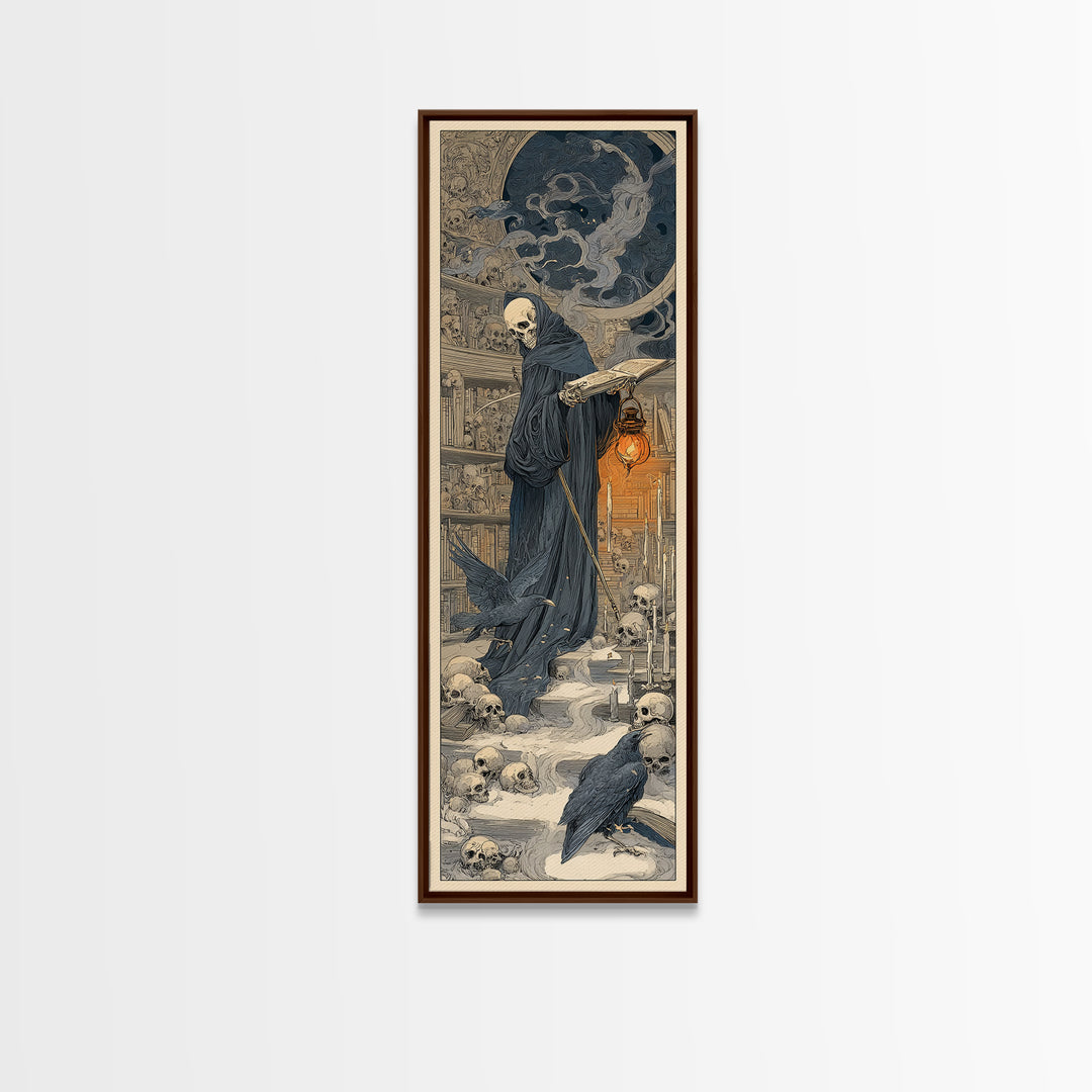 The Crypt Librarian, Symbolist Death Art, Tall Narrow Wall Art, Dark Halloween Decor, Framed Canvas Print, Halloween Wall Art
