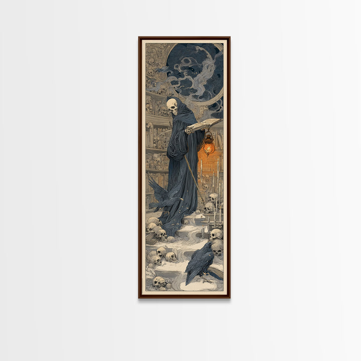 The Crypt Librarian, Symbolist Death Art, Tall Narrow Wall Art, Dark Halloween Decor, Framed Canvas Print, Halloween Wall Art