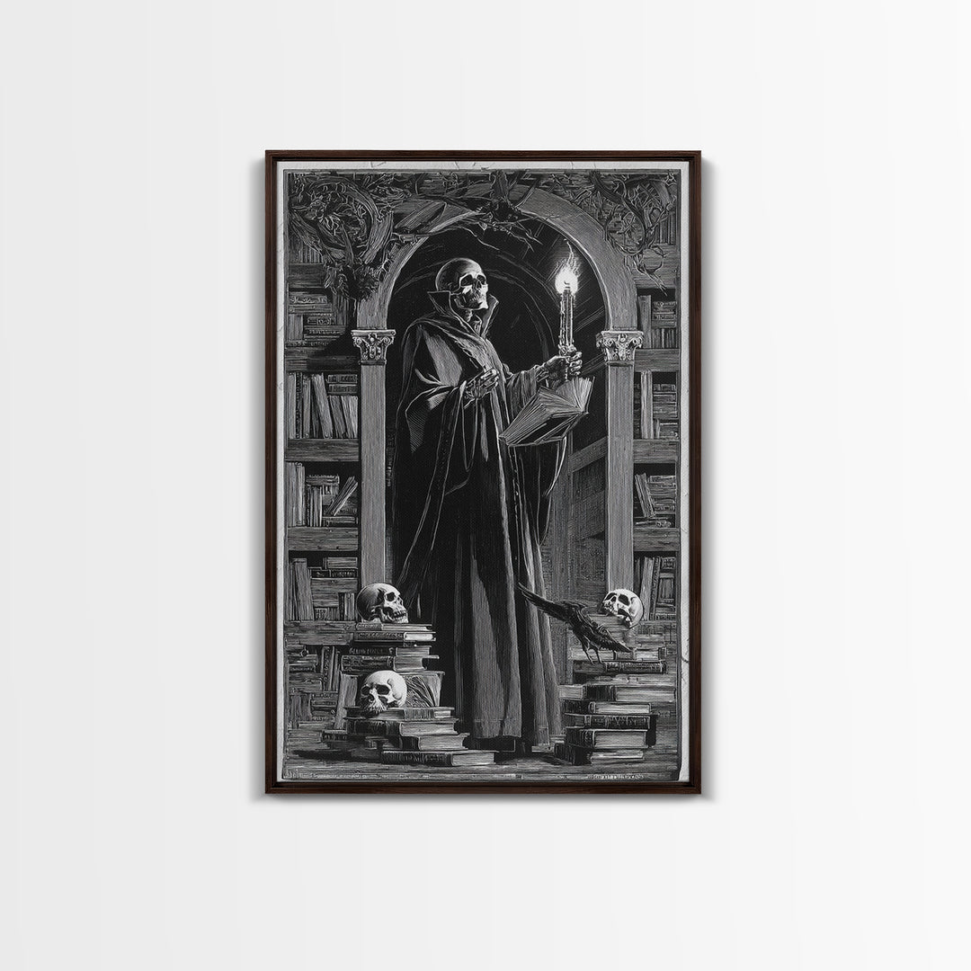 The Crypt Librarian, Symbolist Etching Art, Vertical Wall Art, Gothic Horror Wall Art, Framed Canvas Print, Halloween Wall Art