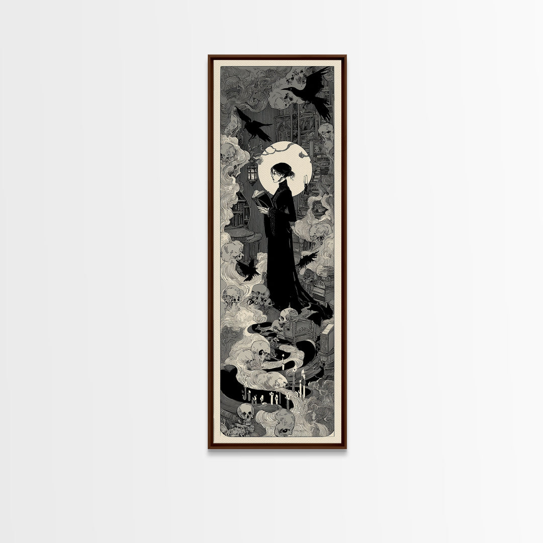 The Crypt Librarian, Decadent Line Art, Tall Narrow Wall Art, Dark Fantasy Wall Art, Framed Canvas Print, Halloween Wall Art