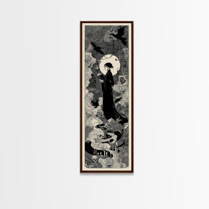 The Crypt Librarian, Decadent Line Art, Tall Narrow Wall Art, Dark Fantasy Wall Art, Framed Canvas Print, Halloween Wall Art