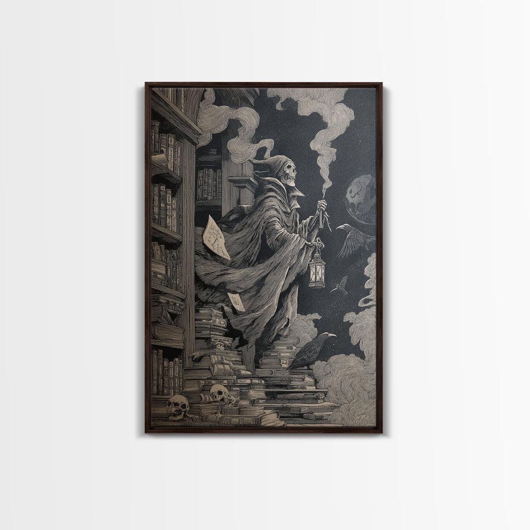 The Crypt Librarian, Victorian Macabre Art, Vertical Wall Art, Dark Halloween Decor, Framed Canvas Print, Halloween Wall Art