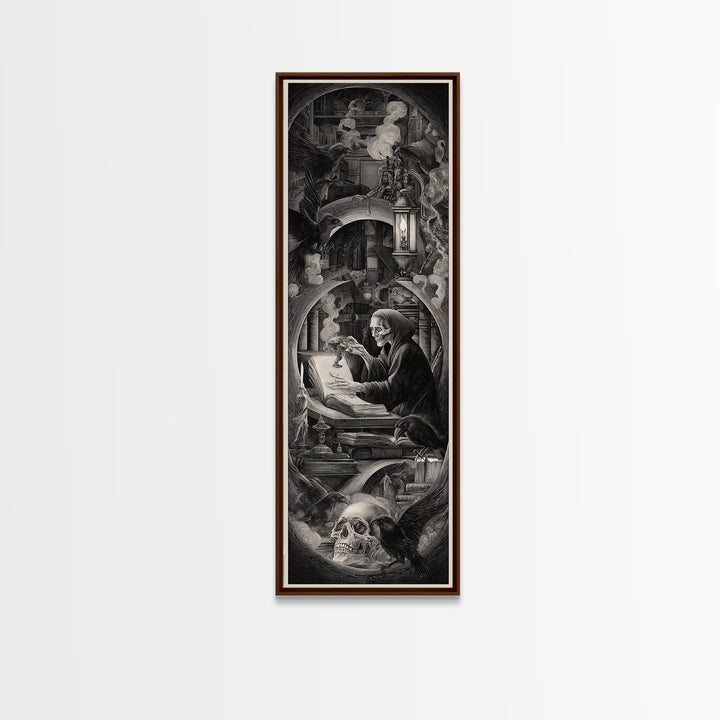The Crypt Librarian, Biomechanical Horror Art, Tall Narrow Wall Art, Macabre Wall Art, Framed Canvas Print, Halloween Wall Art