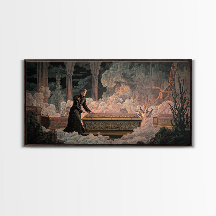The Royal Coffin Maker, Apocalyptic Romantic Art, Wide Panoramic Art, Macabre Wall Art, Framed Canvas Print, Halloween Wall Art