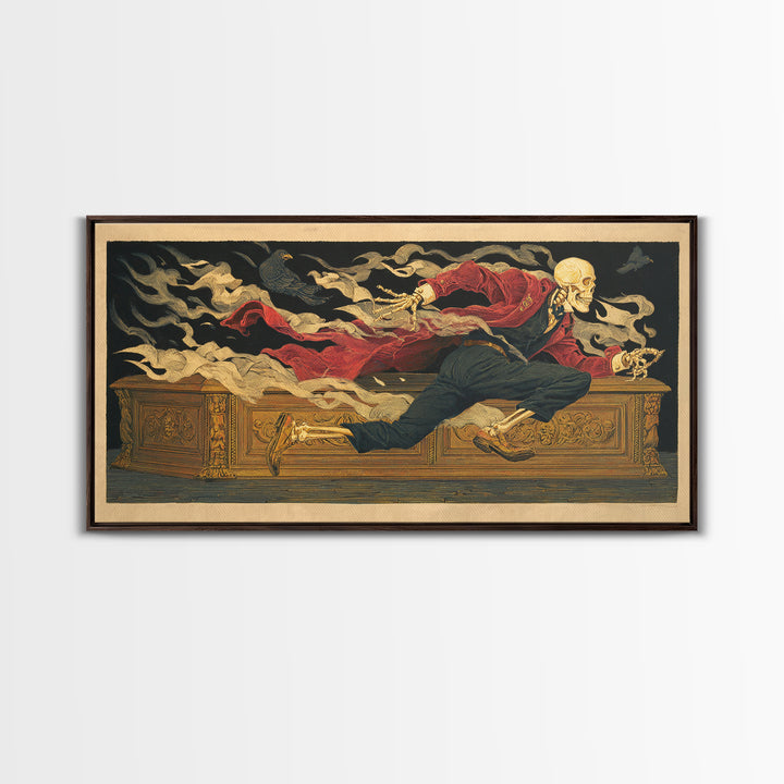 The Royal Coffin Maker, Macabre Folk Print Art, Wide Panoramic Art, Dark Halloween Decor, Framed Canvas Print, Macabre Wall Art