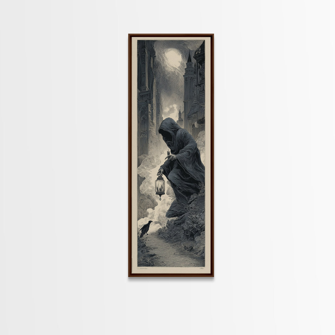 The Soul Collector, Gothic Engraving Art, Tall Narrow Wall Art, Dark Halloween Decor, Canvas Print, Halloween Wall Art