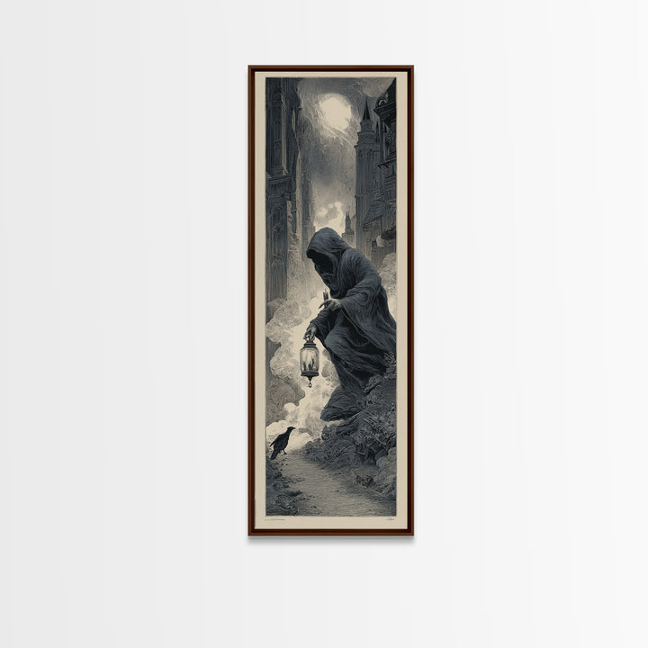 The Soul Collector, Gothic Engraving Art, Tall Narrow Wall Art, Dark Halloween Decor, Canvas Print, Halloween Wall Art