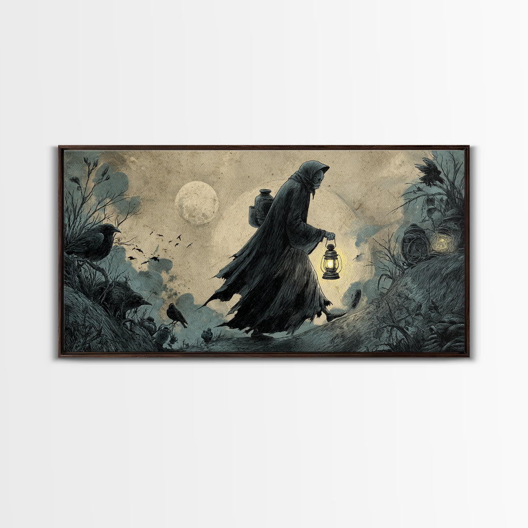 The Soul Collector, Expressionist Nightmare Art, Wide Panoramic Art, Dark Fantasy Wall Art, Framed Canvas Print, Halloween Wall Art