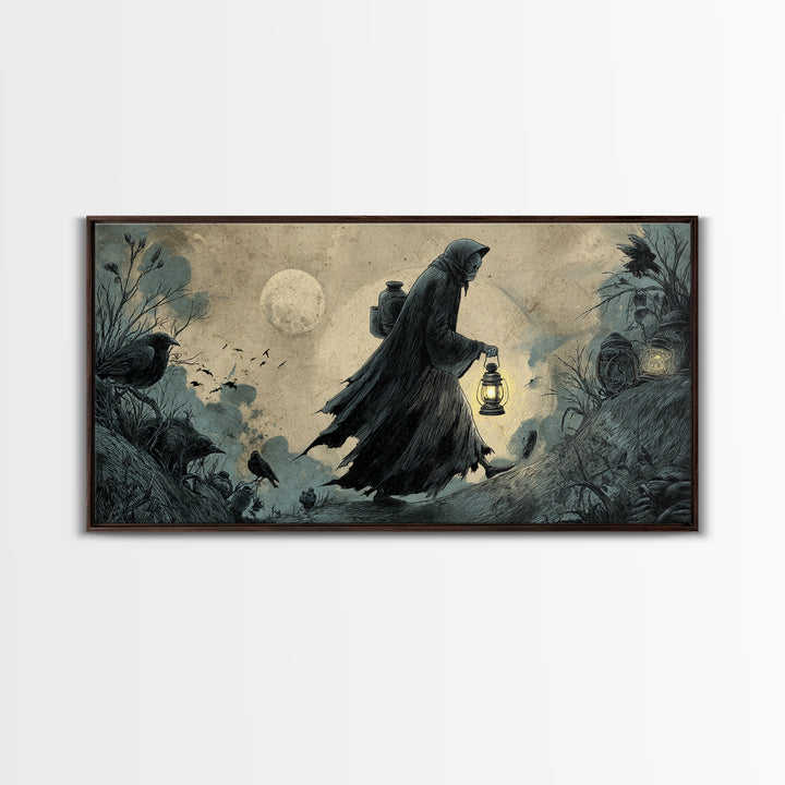 The Soul Collector, Expressionist Nightmare Art, Wide Panoramic Art, Dark Fantasy Wall Art, Framed Canvas Print, Halloween Wall Art