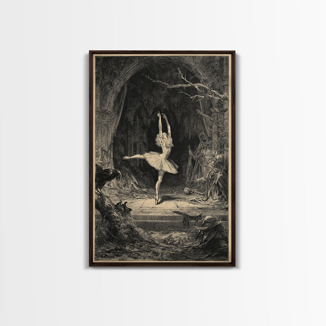 The Phantom Ballerina, Renaissance Engraving Art, Vertical Wall Art, Macabre Wall Art, Framed Canvas Print, Halloween Wall Art