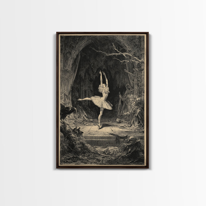 The Phantom Ballerina, Renaissance Engraving Art, Vertical Wall Art, Macabre Wall Art, Framed Canvas Print, Halloween Wall Art