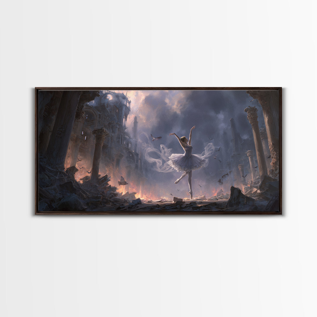 The Phantom Ballerina, Apocalyptic Romantic Art, Wide Panoramic Art, Macabre Wall Art, Framed Canvas Print, Halloween Wall Art