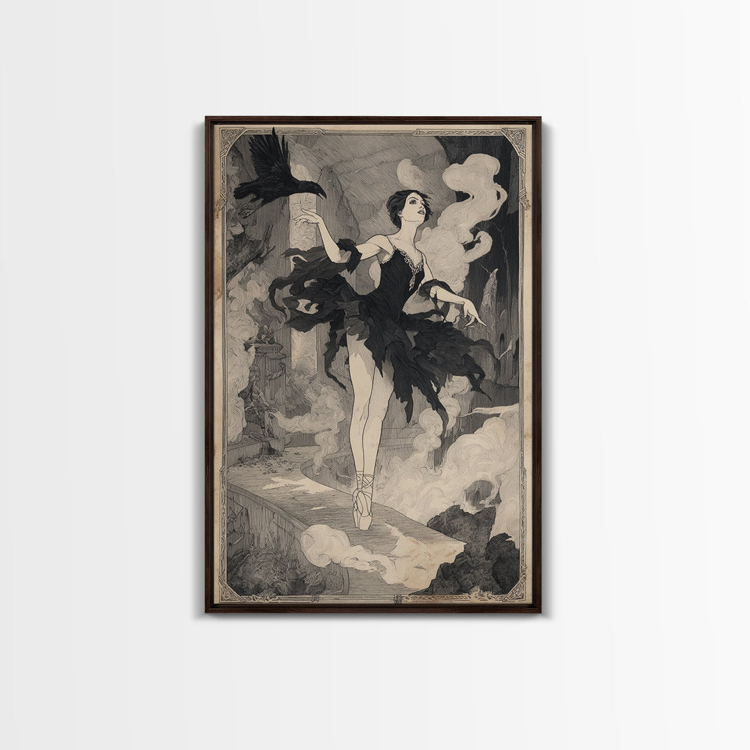 The Phantom Ballerina, Decadent Line Art, Vertical Wall Art, Dark Halloween Decor, Framed Canvas Print, Halloween Wall Art