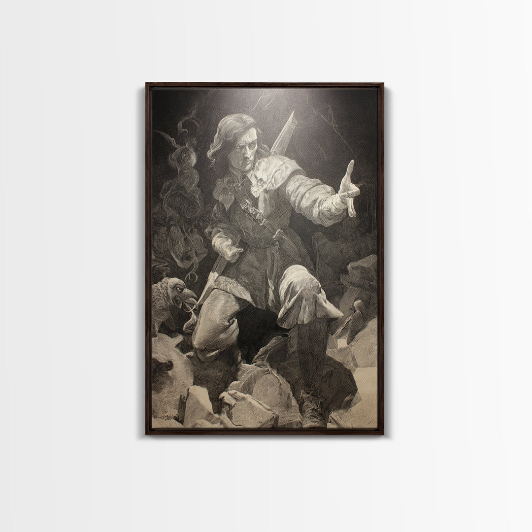 The Ghost Of The Witch Hunter, Renaissance Engraving Art, Vertical Wall Art, Macabre Wall Art, Framed Canvas Print, Halloween Wall Art