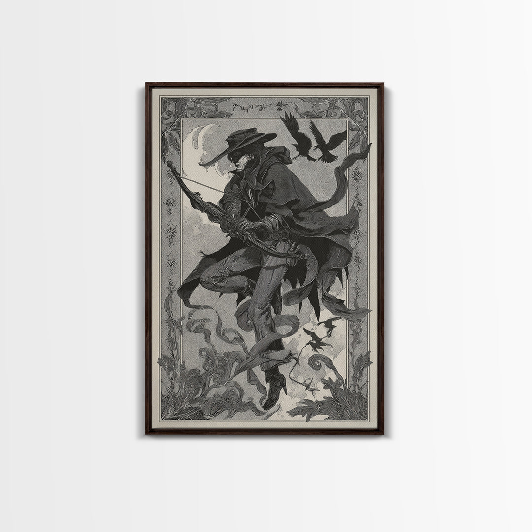 The Ghost Of The Witch Hunter, Decadent Line Art, Vertical Wall Art, Dark Halloween Decor, Framed Canvas Print, Horror Wall Art