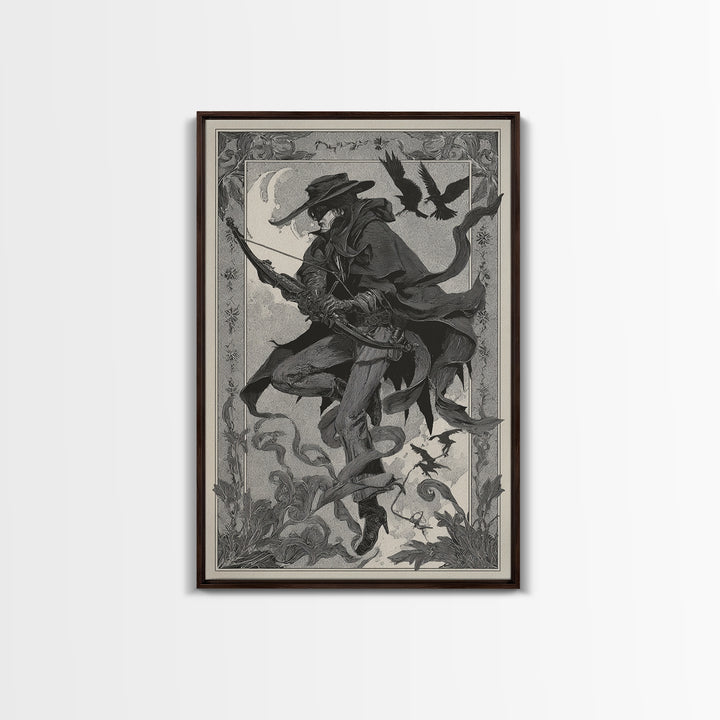 The Ghost Of The Witch Hunter, Decadent Line Art, Vertical Wall Art, Dark Halloween Decor, Framed Canvas Print, Horror Wall Art