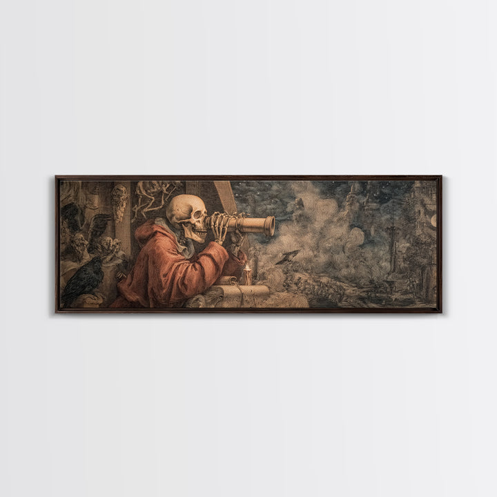 The Skull Astronomer, Medieval Grotesque Art, Extra Wide Wall Art, Dark Fantasy Wall Art, Framed Canvas Print, Halloween Wall Art