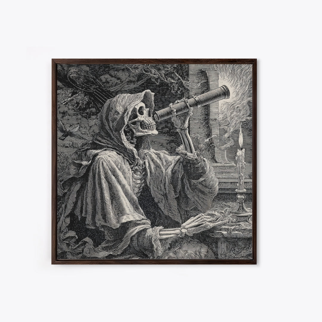 The Skull Astronomer, Renaissance Engraving Art, Square Wall Art, Dark Fantasy Wall Art, Framed Canvas Print, Halloween Wall Art