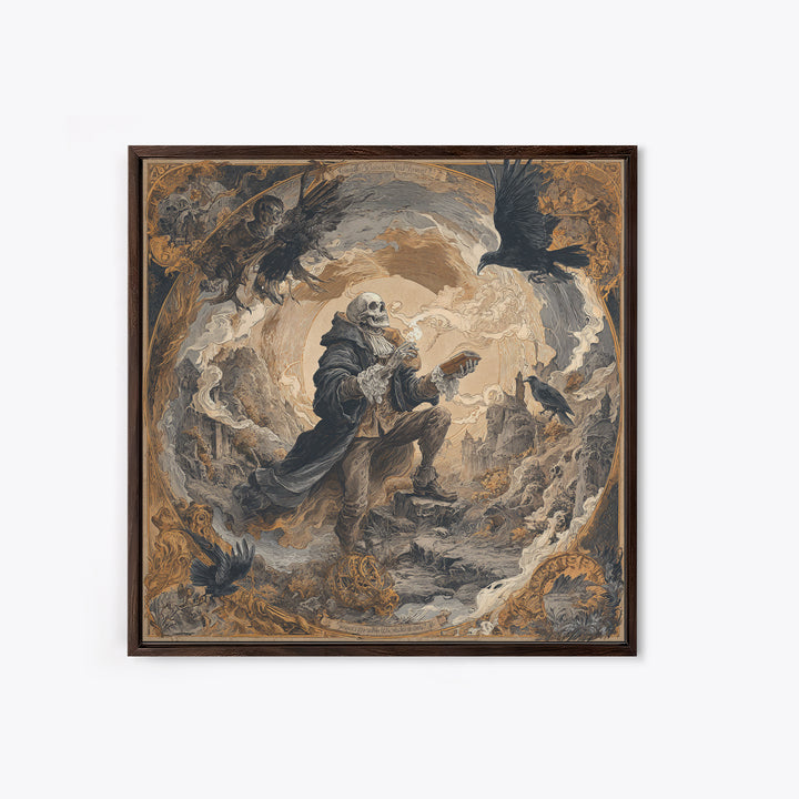 The Skull Astronomer, Baroque Witchcraft Art, Square Wall Art, Dark Fantasy Wall Art, Canvas Print, Halloween Wall Art