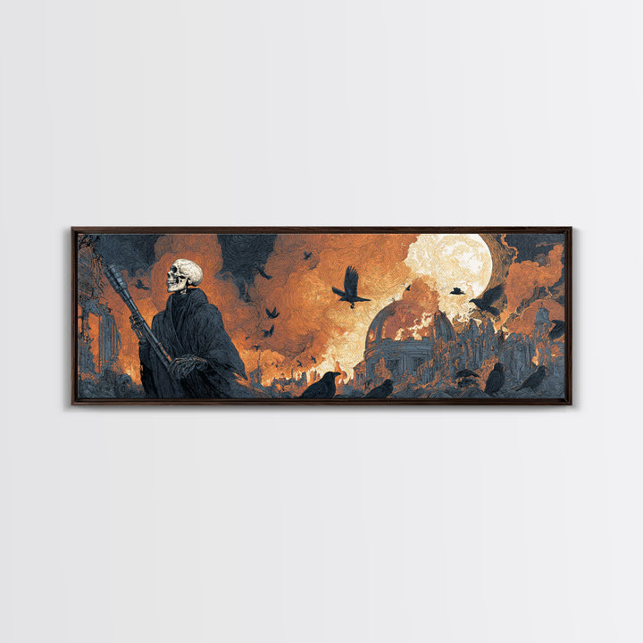 The Skull Astronomer, Apocalyptic Romantic Art, Extra Wide Wall Art, Gothic Horror Wall Art, Framed Canvas Print, Halloween Wall Art