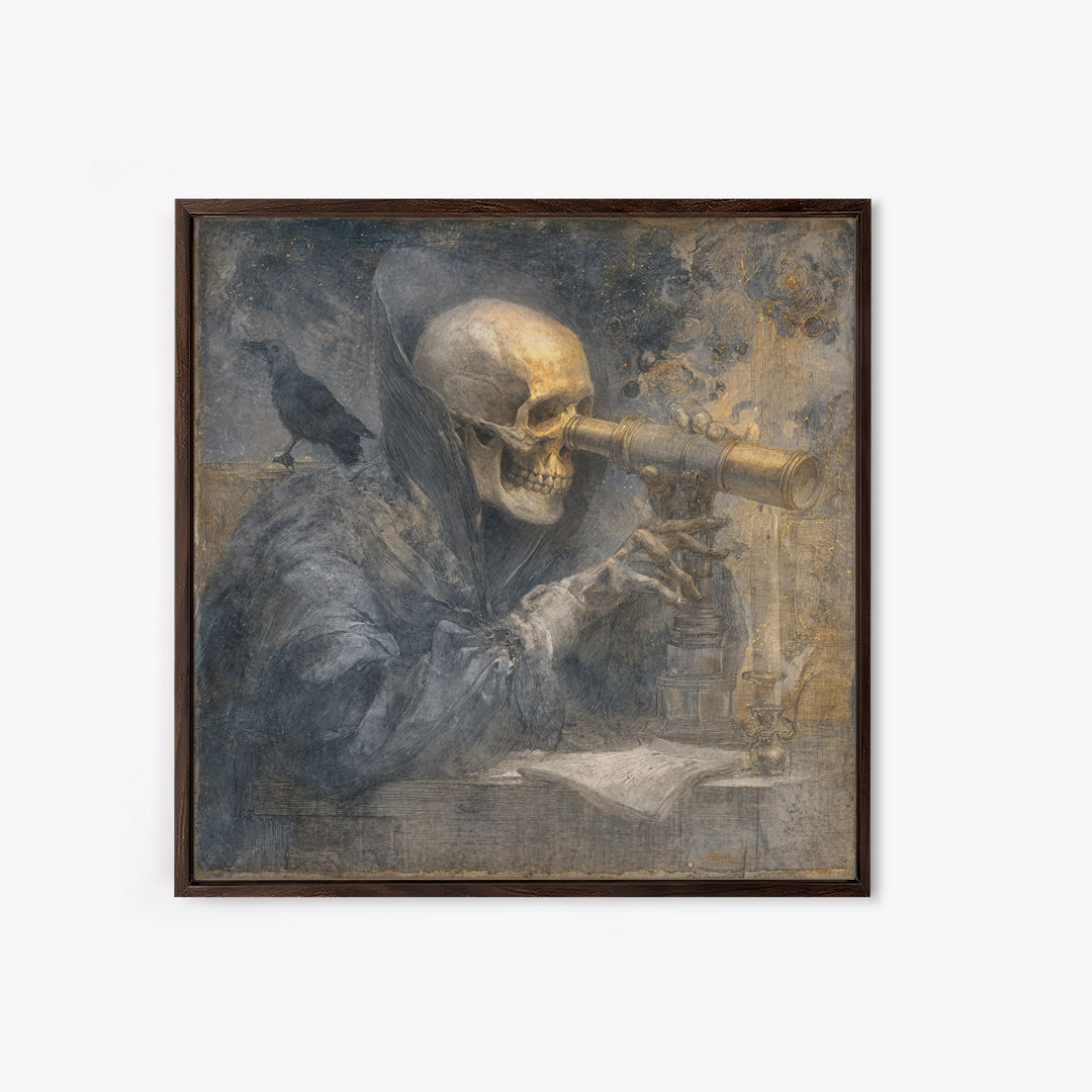 The Skull Astronomer, Symbolist Dream Art, Square Wall Art, Dark Fantasy Wall Art, Framed Canvas Print, Halloween Wall Art
