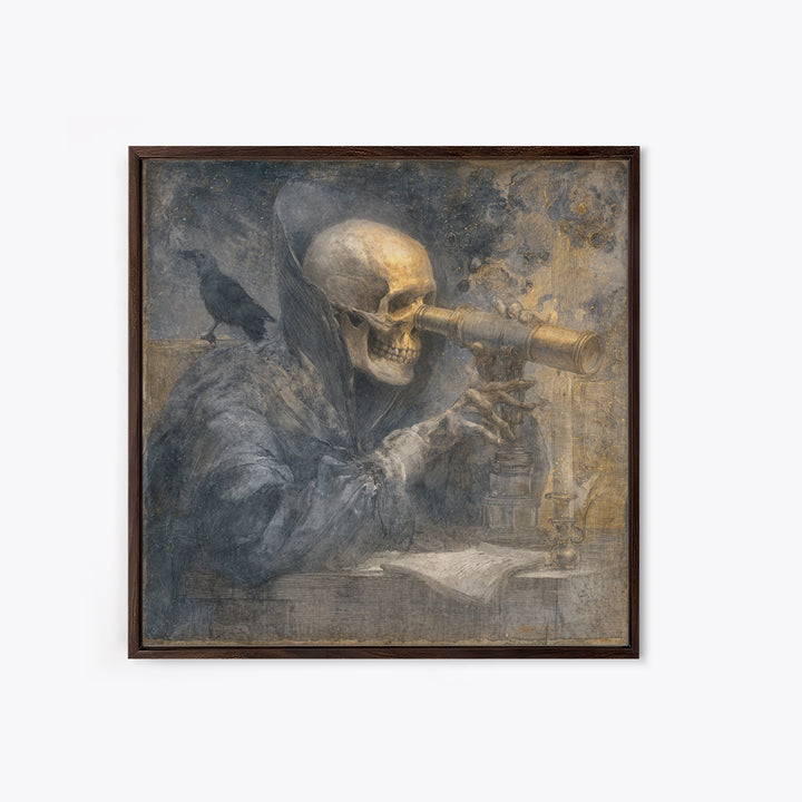 The Skull Astronomer, Symbolist Dream Art, Square Wall Art, Dark Fantasy Wall Art, Framed Canvas Print, Halloween Wall Art