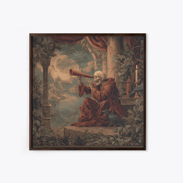 The Skull Astronomer, Symbolist Gothic Landscape, Square Wall Art, Dark Halloween Decor, Canvas Print, Halloween Wall Art