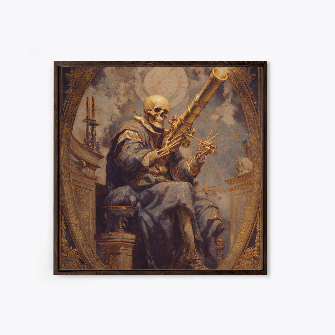 The Skull Astronomer, Ornate Symbolist Art, Square Wall Art, Macabre Wall Art, Framed Canvas Print, Halloween Wall Art