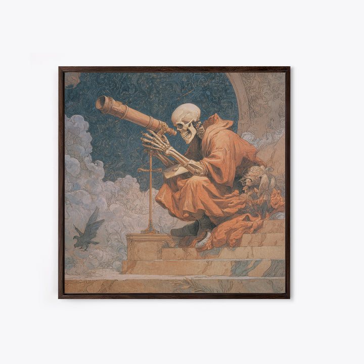 The Skull Astronomer, Symbolist Death Art, Square Wall Art, Dark Halloween Decor, Canvas Print, Halloween Wall Art
