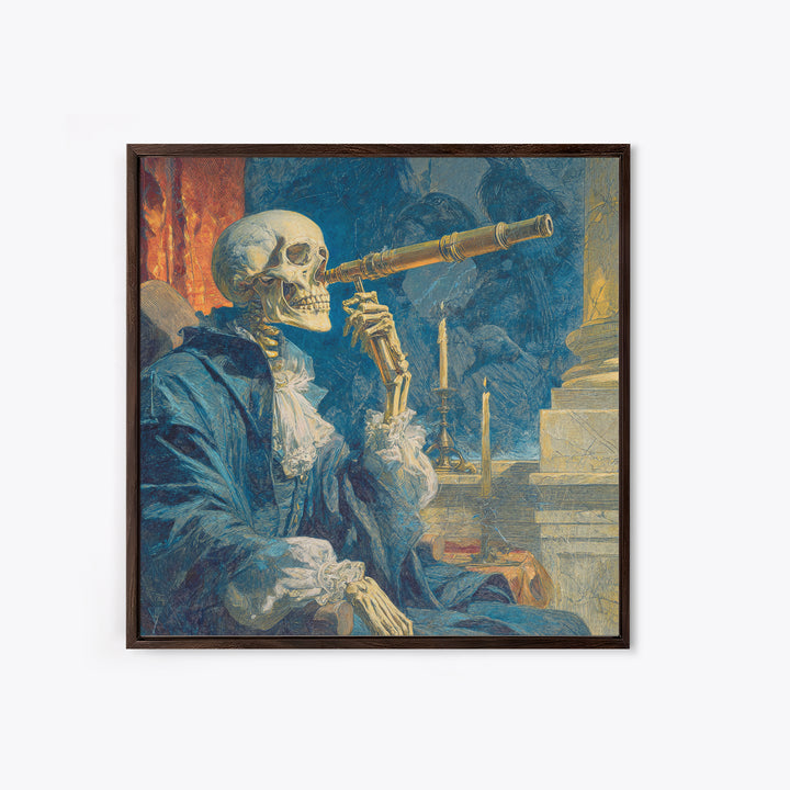 The Skull Astronomer, Symbolist Etching Art, Square Wall Art, Dark Fantasy Wall Art, Framed Canvas Print, Halloween Wall Art