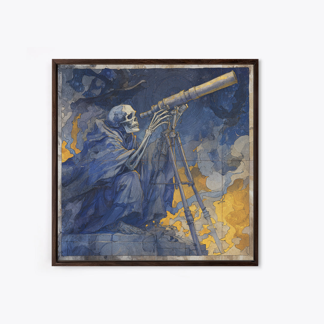 The Skull Astronomer, Expressionist Gothic Art, Square Wall Art, Gothic Horror Wall Art, Framed Canvas Print, Halloween Wall Art